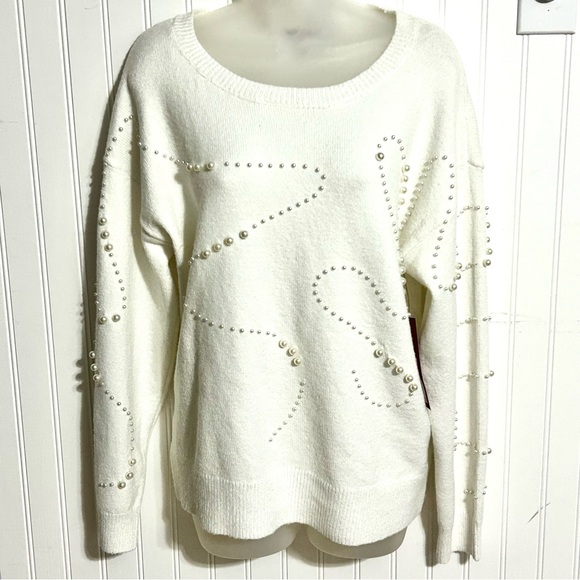 Love Scarlett Ivory Crew Neck Sweater W/Decorative Pearl Swirls Women’s Size L - Picture 1 of 10